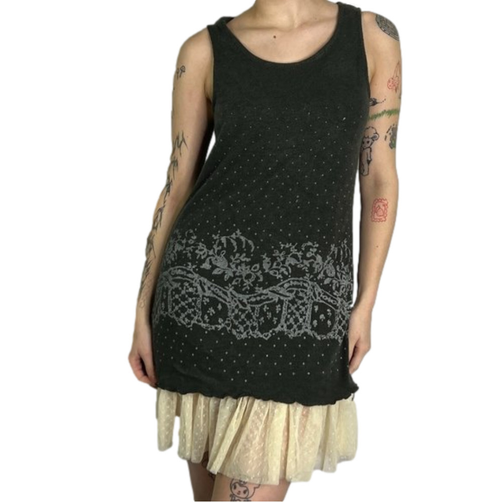Super Cute Sleeveless Patterned Knit Dress with Lace